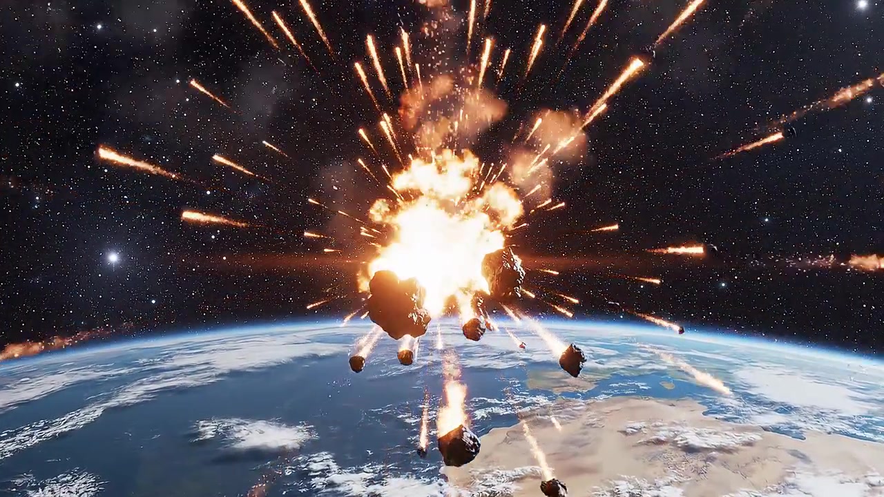 Asteroide che esplode nello spazio sopra la Terra con detriti in fiamme