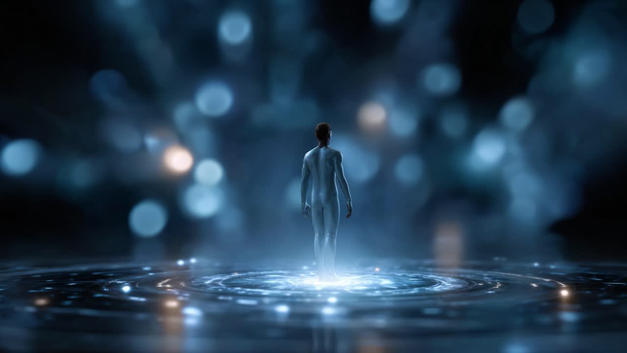 A figure stands in a serene, luminous environment with swirling, radiant lights and water reflections, symbolizing exploration, tranquility, and connection to the universe