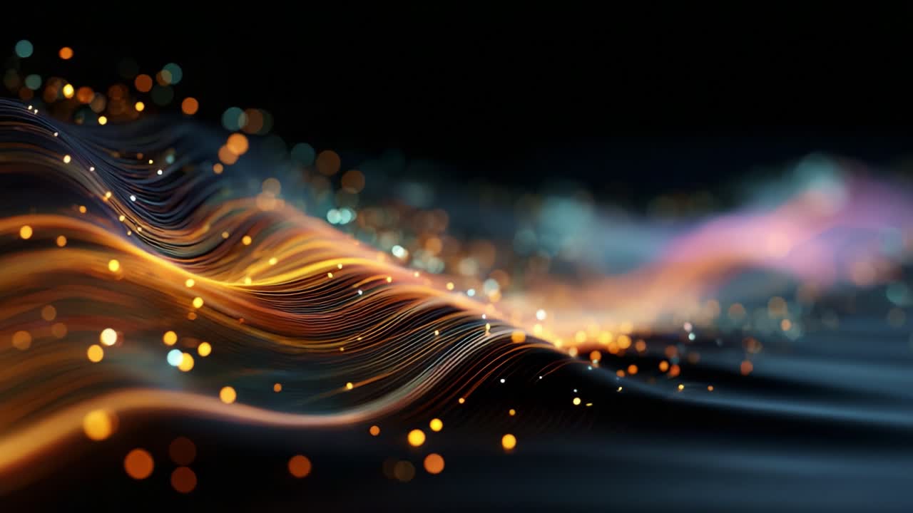 A Mesmerizing Flow of Vibrant Colors and Glowing Particles, Capturing the Essence of Dynamic Energy in a Stunning Visual Wave Across Dark Backgrounds
