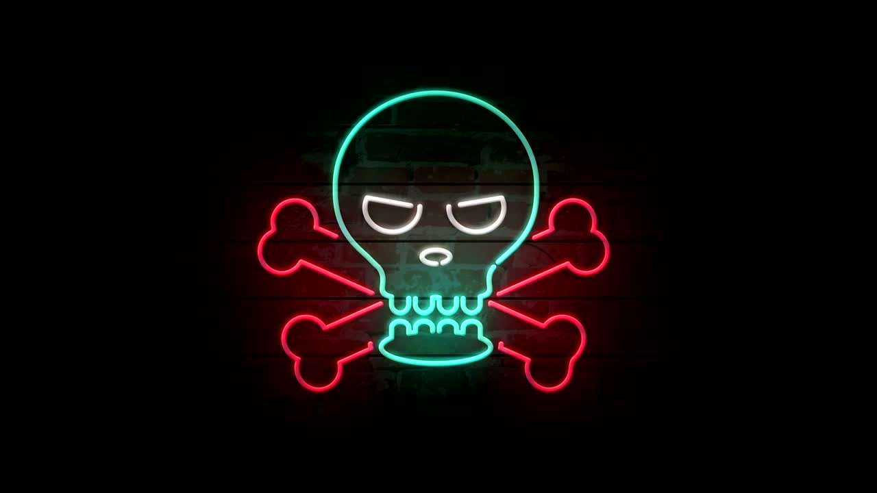 Icona teschio al neon su muro di mattoni