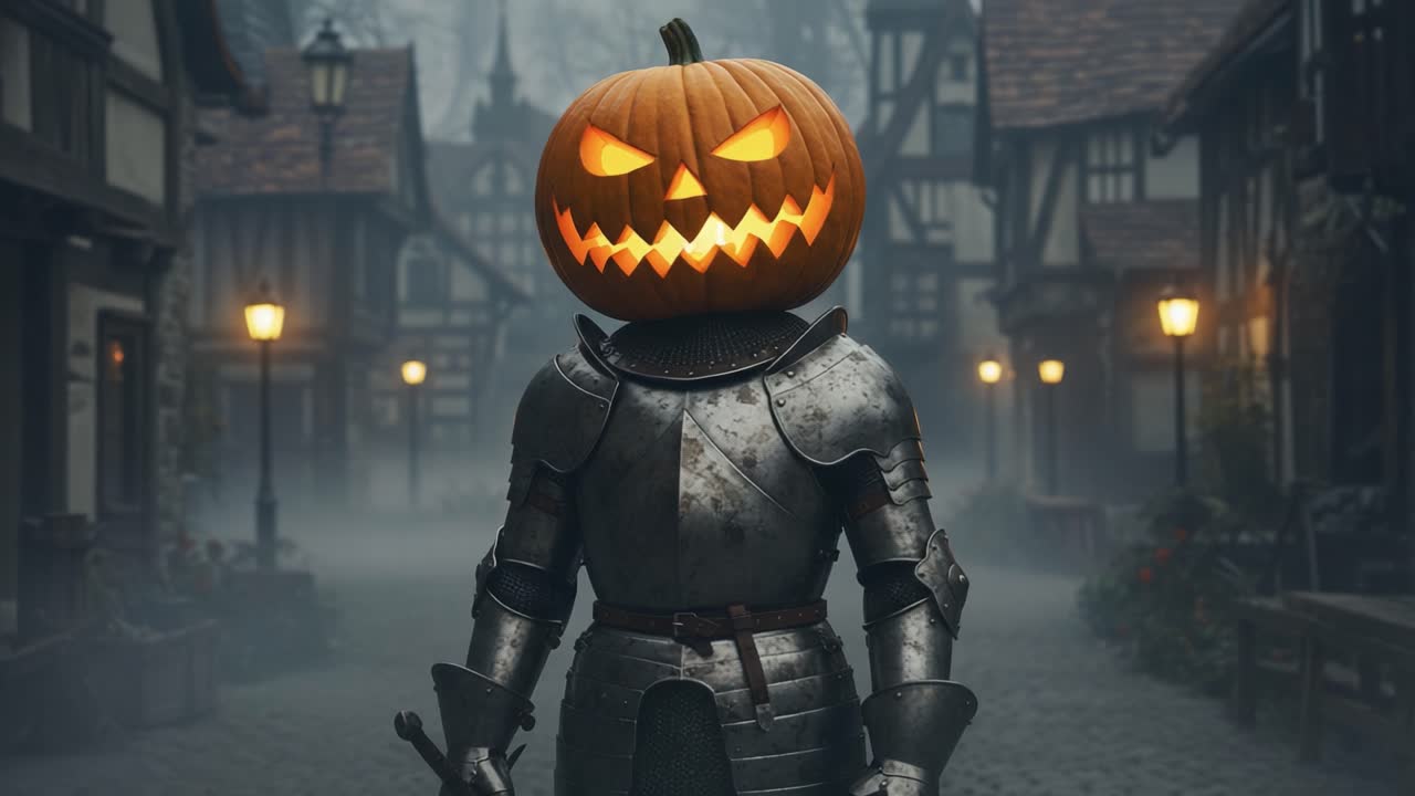 A Spooky Knight in a Medieval Village with a Pumpkin Head: Capturing Halloween Spirit and a Unique Twist on Traditional Costumes