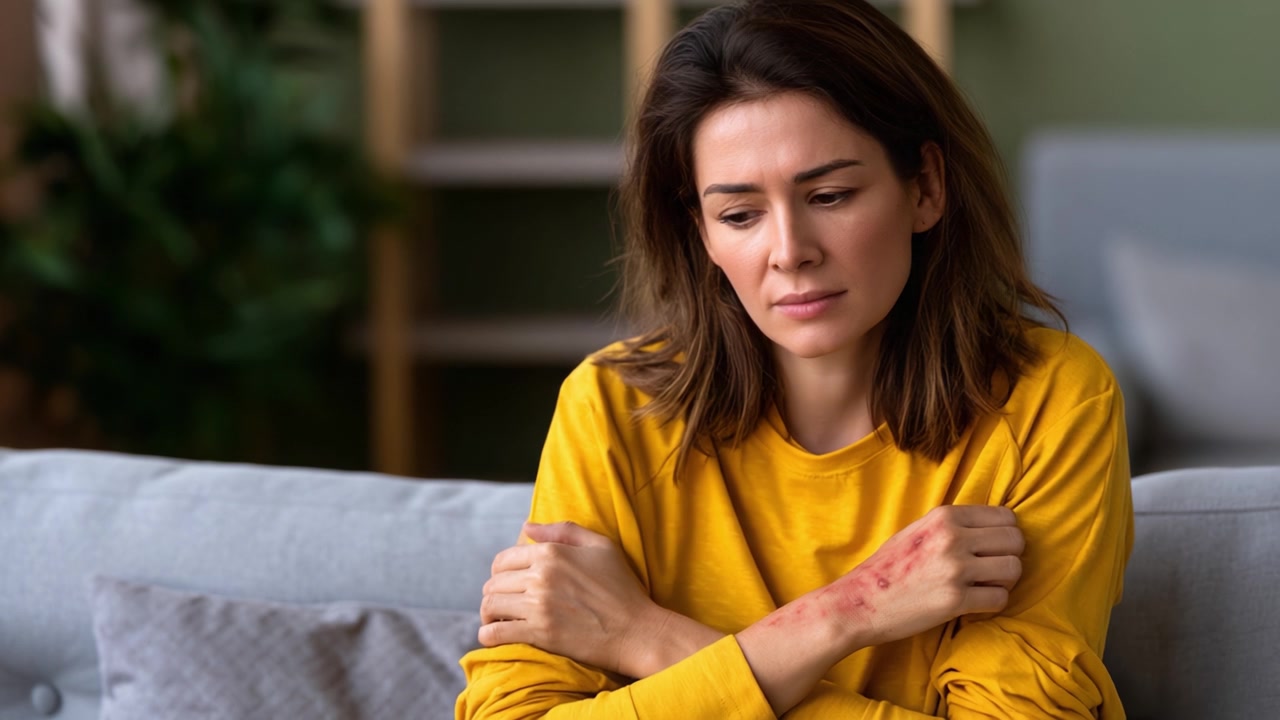 A Woman Reflects on Emotional Pain and Resilience as She Sits on a Couch, Cradling Her Arms While Showing Signs of Physical and Mental Struggles in a Cozy Living Space