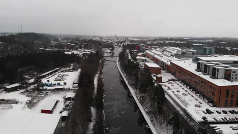 Trollhätte-Canal-waterway-Surrounded-by-white-snow-landscape,-Nordic-Climate