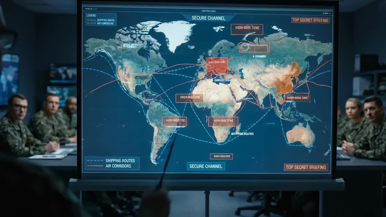 Military Officer Points at World Map with High-Risk Zones During Briefing