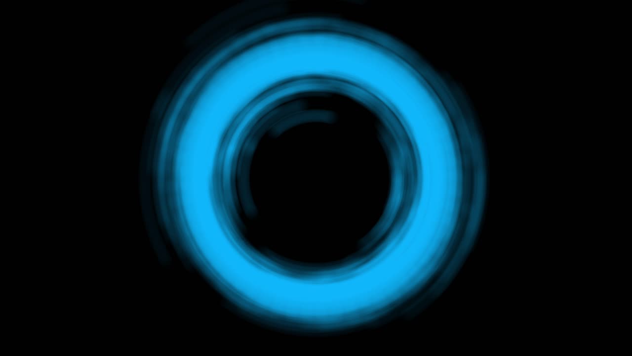 Soft, glowing blue ring of light pulses and swirls on black background. Abstract visual for wellness, water, science, or technology concepts. Seamlessly looped visual effect with copy space