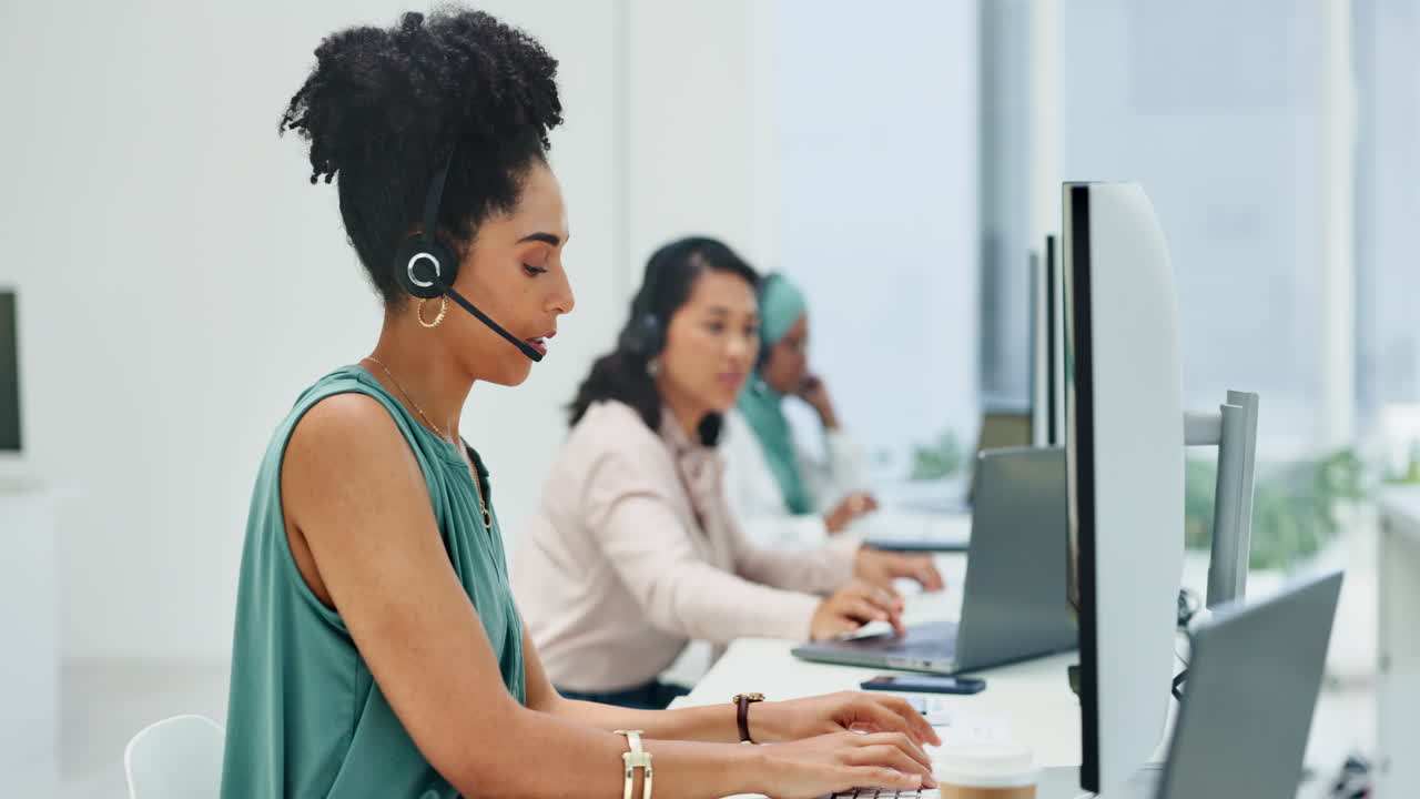 Computer, telemarketing or black woman in call