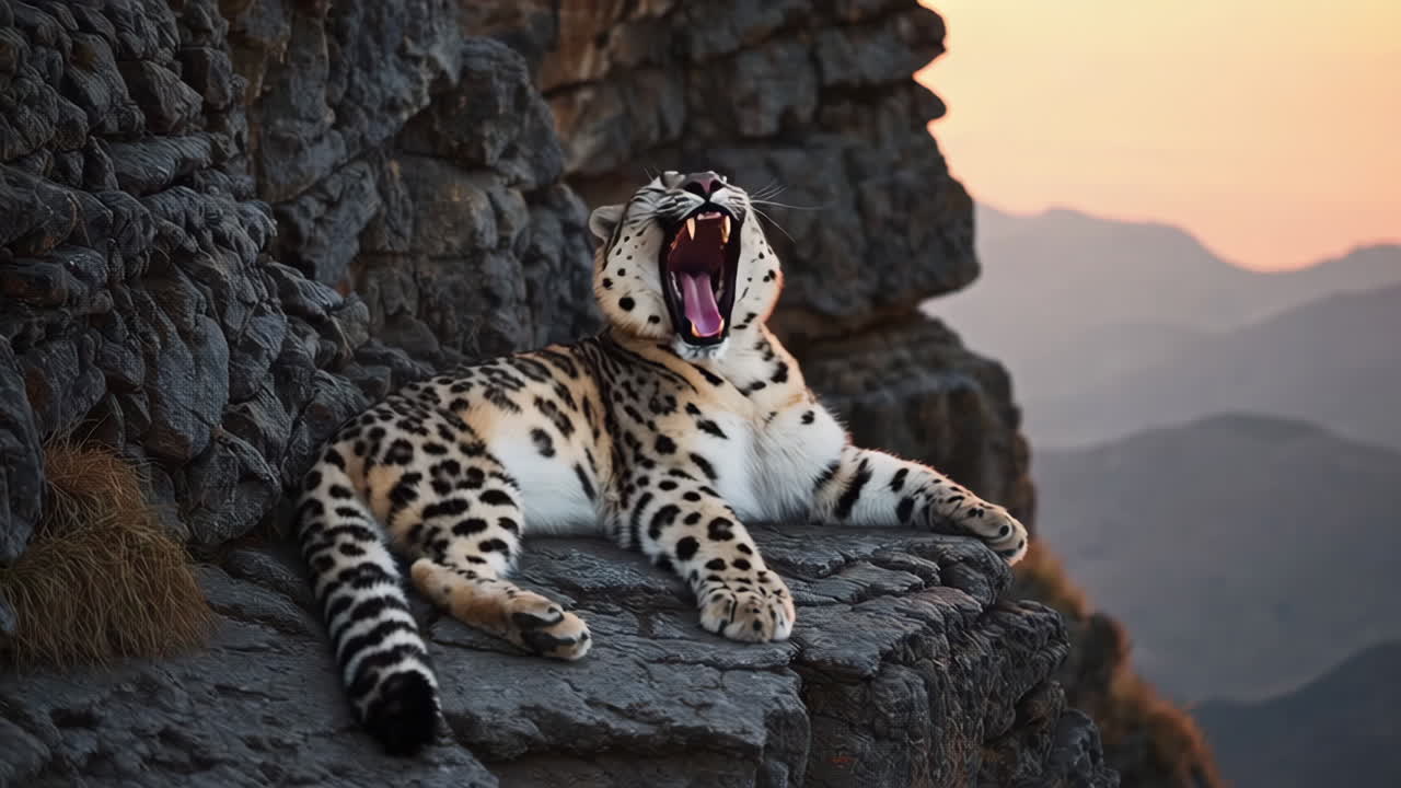 A snow leopard yawning on a rocky mountain ledge at dusk