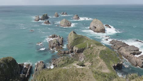 view of rock formations in the ocean at nugget point in new zealand on a sunny day