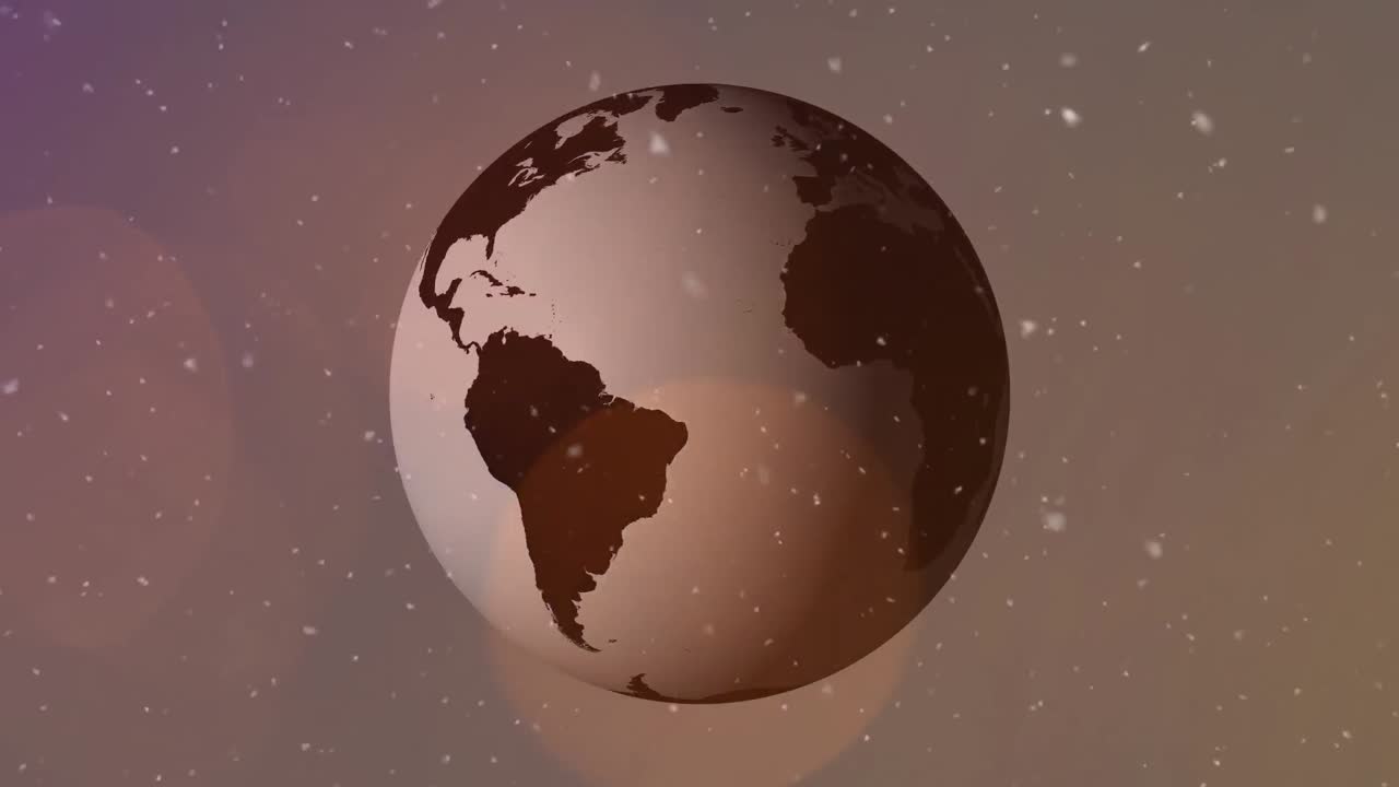 회색 바탕에 빛의 반점에 대해 회전하는 지구 위에 떨어지는  ⁇  입자