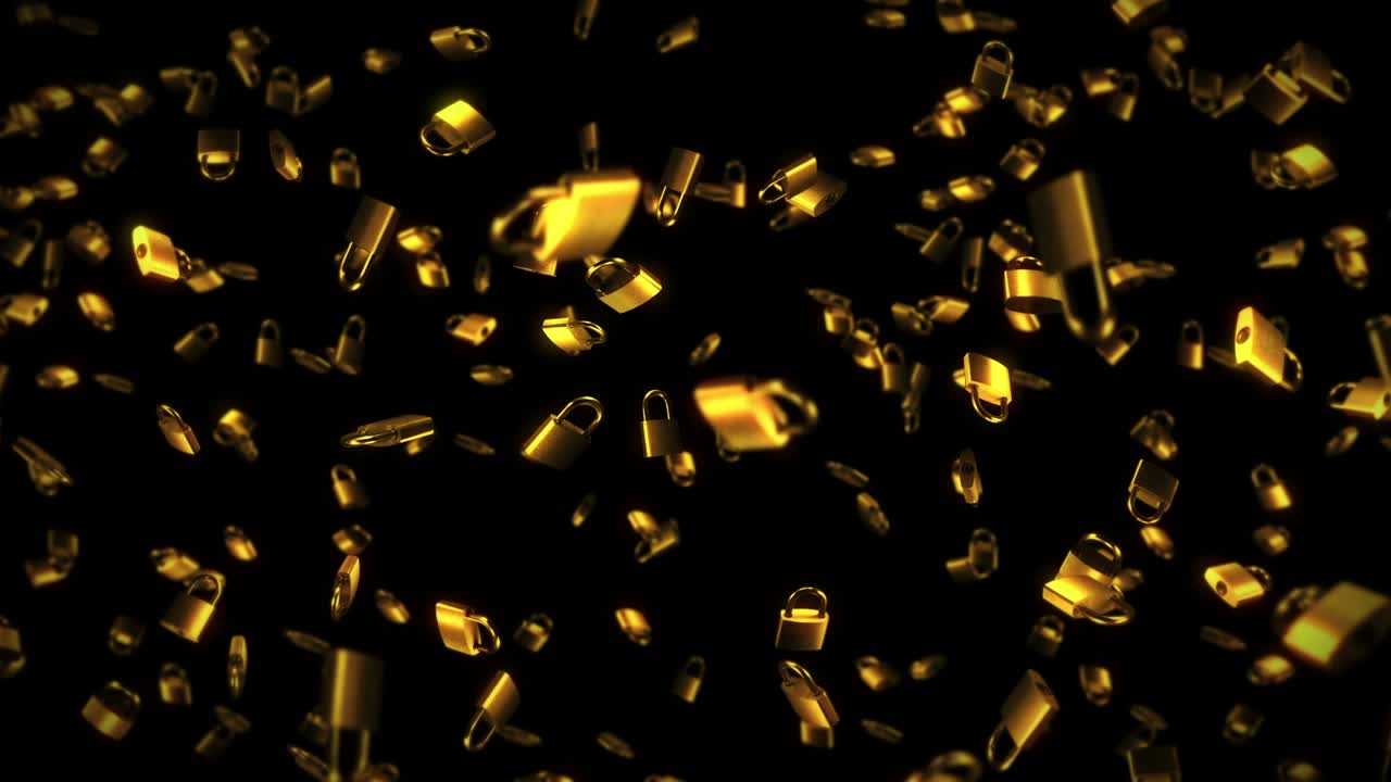 검은색 배경에 많은 황금 락을 날리는 보안 또는 비밀 보호 개념, 회전하는 락의 3d 애니메이션, 루프 애니메이션.