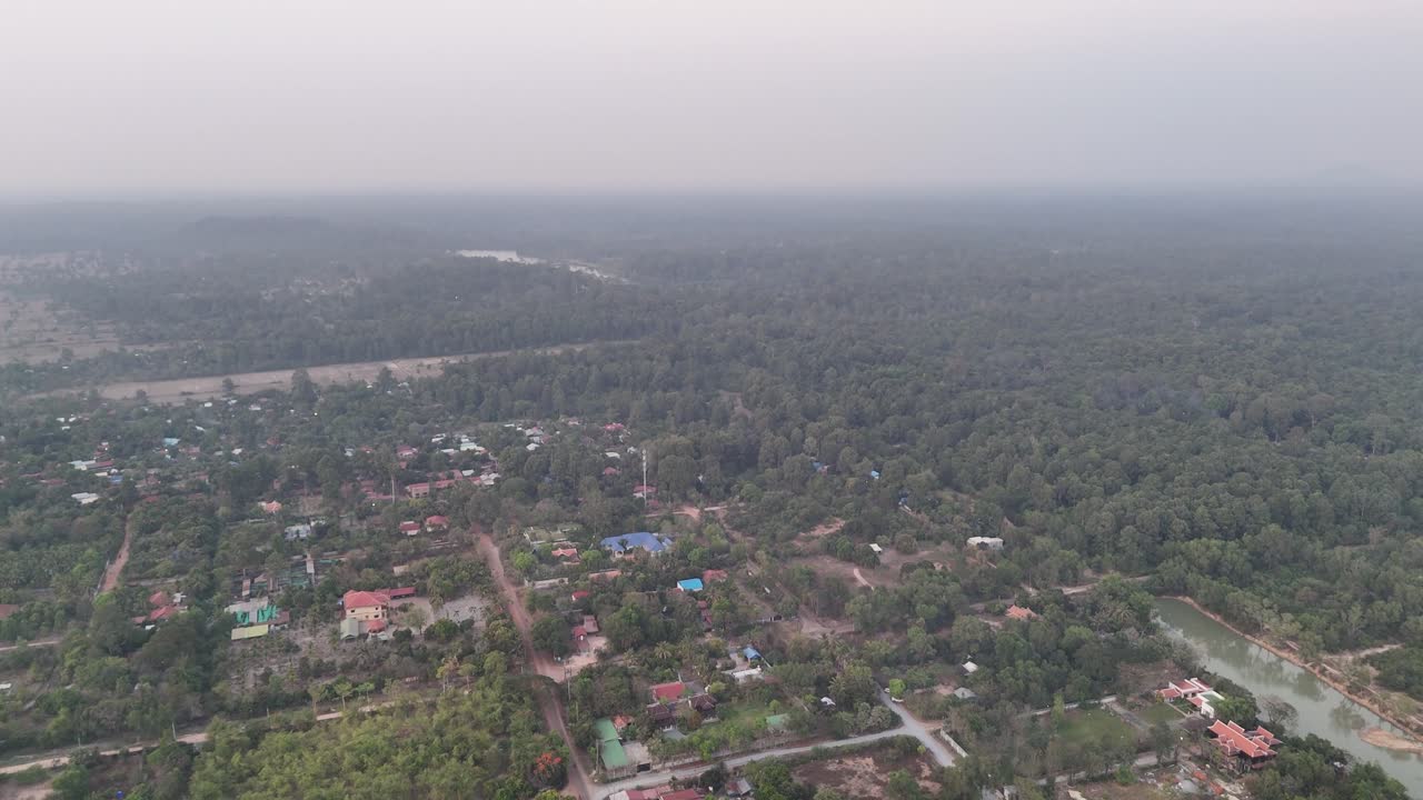Aerial footage of outskirts of Krong Siem Reap, Cambodia near to the Angkor wat
