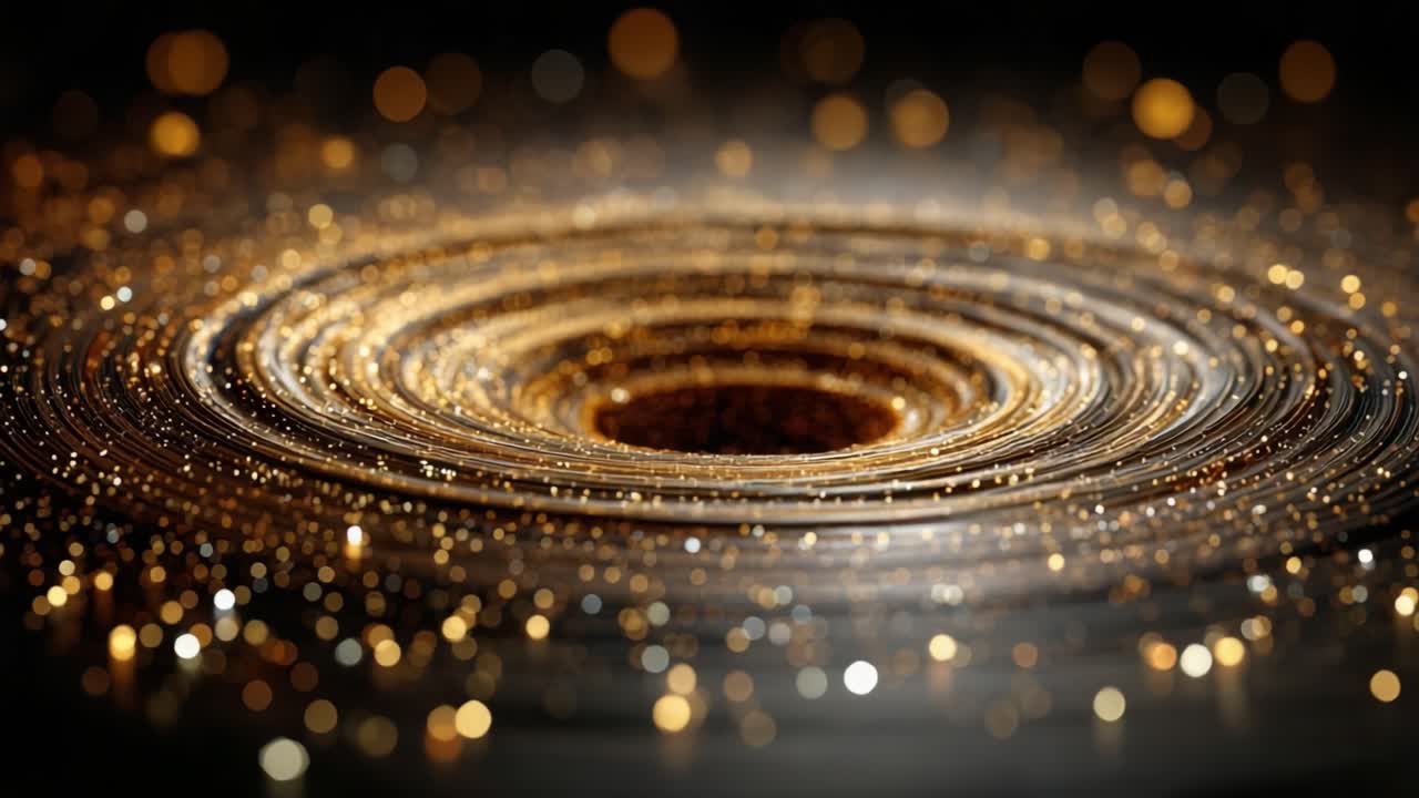 Vortice Cosmico Accattivante: Una Danza Intricata di Particelle Dorate e Luce in una Formazione a Spirale Ipnotica Circondata da un'Aura Scintillante di Energia.