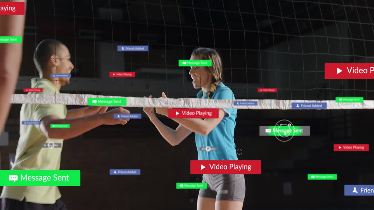 Playing volleyball, two people with animation of social media notifications in school