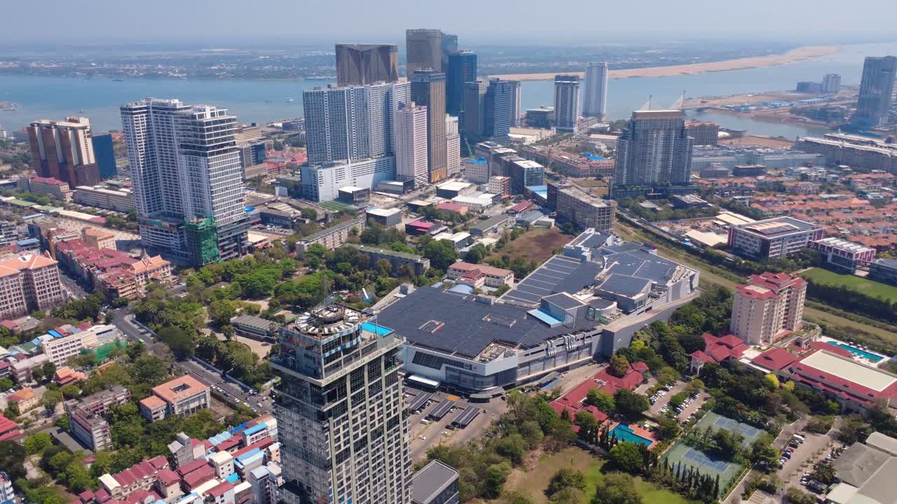Phnom penh cityscape, chamkar mon, bassac river area with modern buildings, aerial view