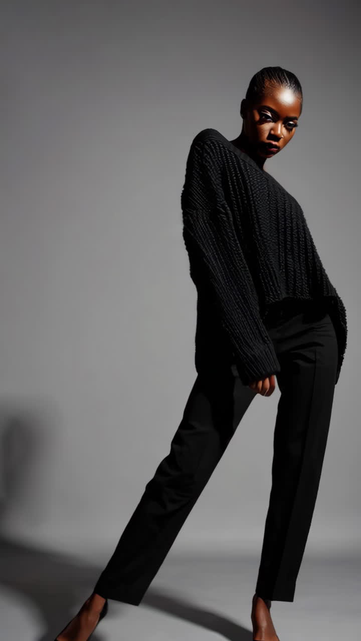 Elegant Fashion Model Posing in Black Off-Shoulder Sweater and Pants