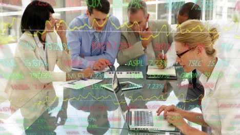 Animation-of-stock-market-data-and-graphs-over-diverse-colleagues-analyzing-sales-report-at-desk