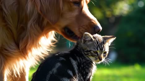 heartwarming moment: a golden retriever gently nuzzles a playful tabby cat in a sunlit garden, showcasing the beautiful bond between dogs and cats
