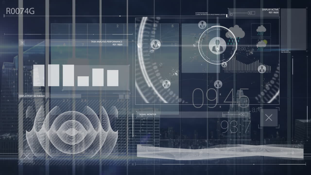 데이터 차트 및 그래프를 가진 디지털 인터페이스 도시 풍경 배경에 대한 애니메이션
