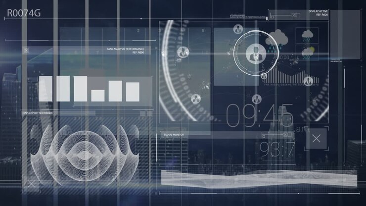 Digital interface with data charts and graphs animation over cityscape background