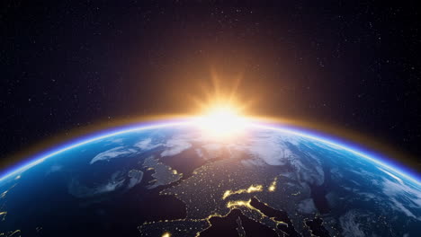 sunrise over earth from space with city lights visible from space