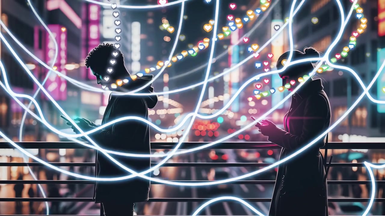 夜の街の橋でスマートフォンを使う若いカップル。