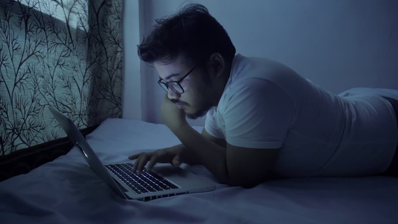lavoro notturno usando il portatile sdraiato sul letto