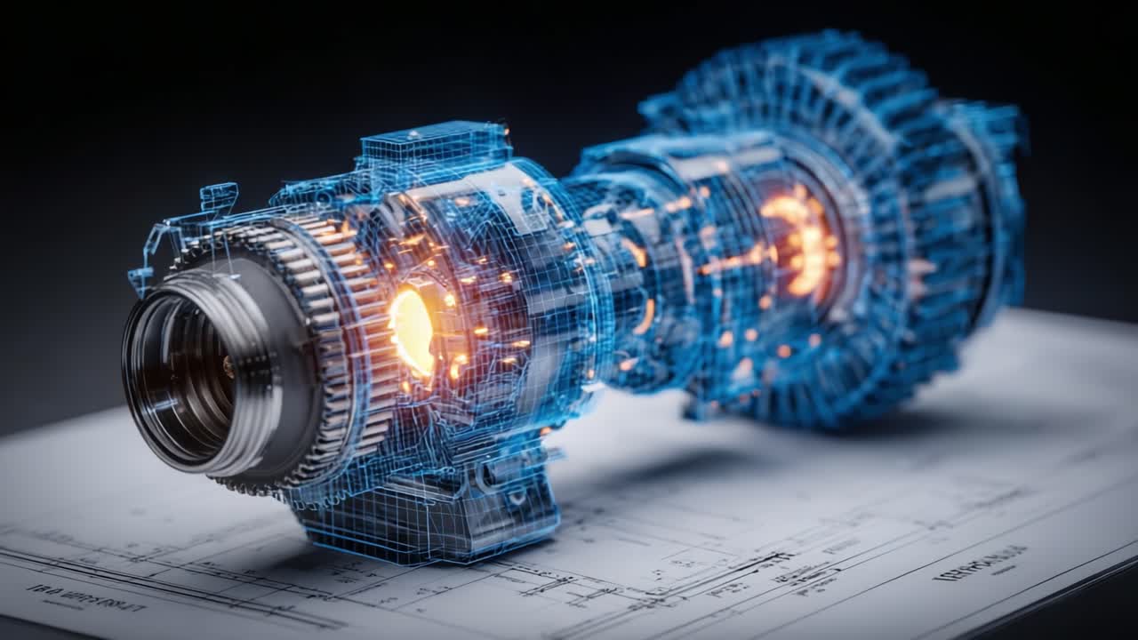 An intricate, high-tech turbine engine illustration, showcasing advanced engineering and design, with glowing elements highlighting key components in a striking blue outline