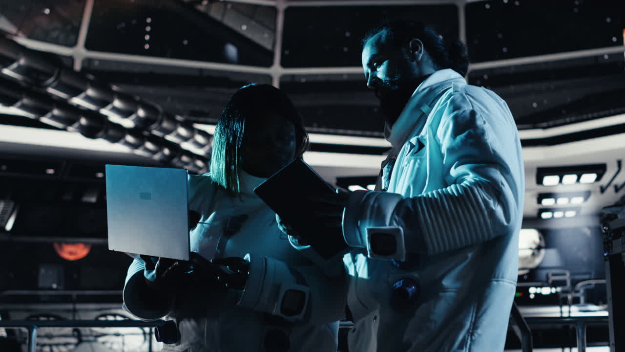 Astronaut looks at interface showing orbital path, chatting with colleague