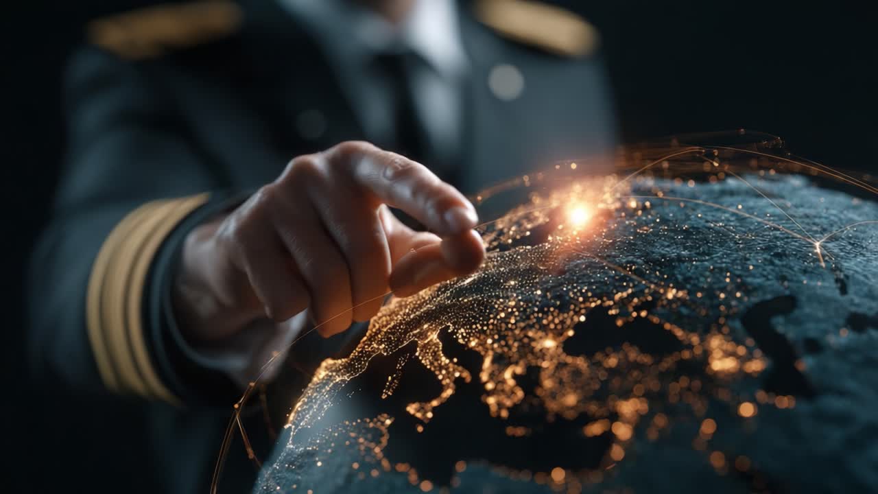A Professional in Uniform Interacts with a Detailed Globe, Highlighting Global Connections and Technological Advancements Through Illuminated Networks in a Dimly Lit Environment