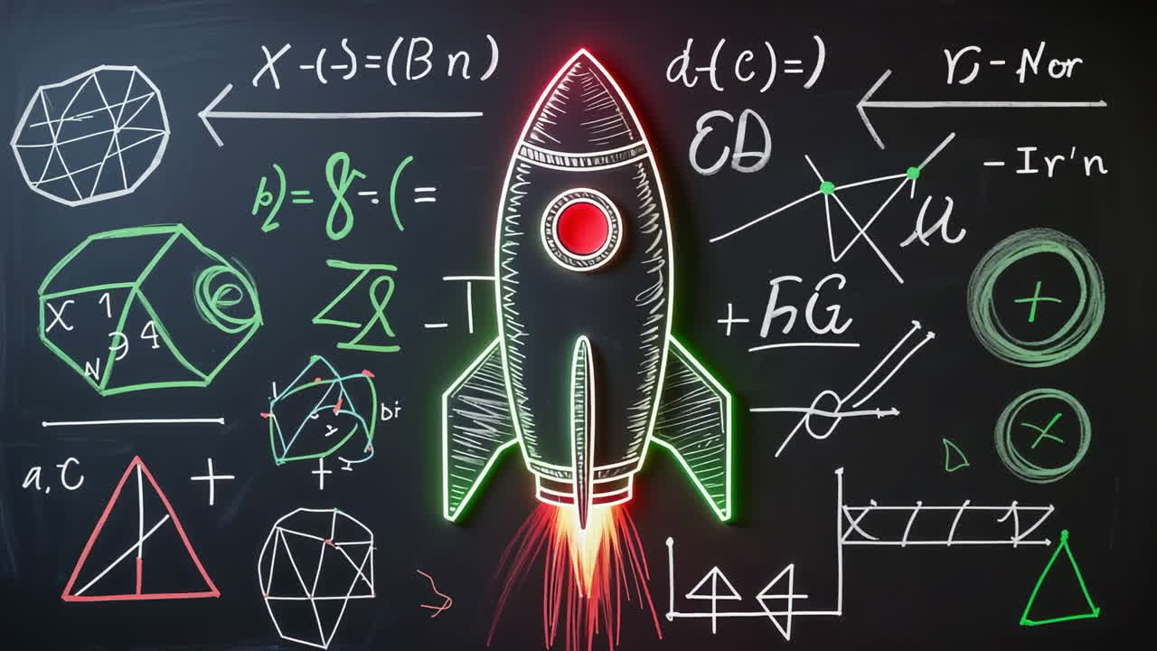 Glödande raket på en svart tavla med matematiska och geometriska formler