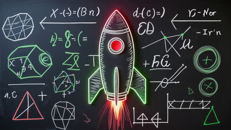 glowing rocket on a chalkboard with math and geometric formulas