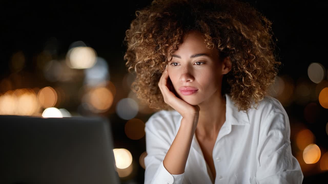 A contemplative woman gazes thoughtfully at her laptop screen, surrounded by a beautifully blurred backdrop of evening lights, showcasing her pensive mood and serene expression