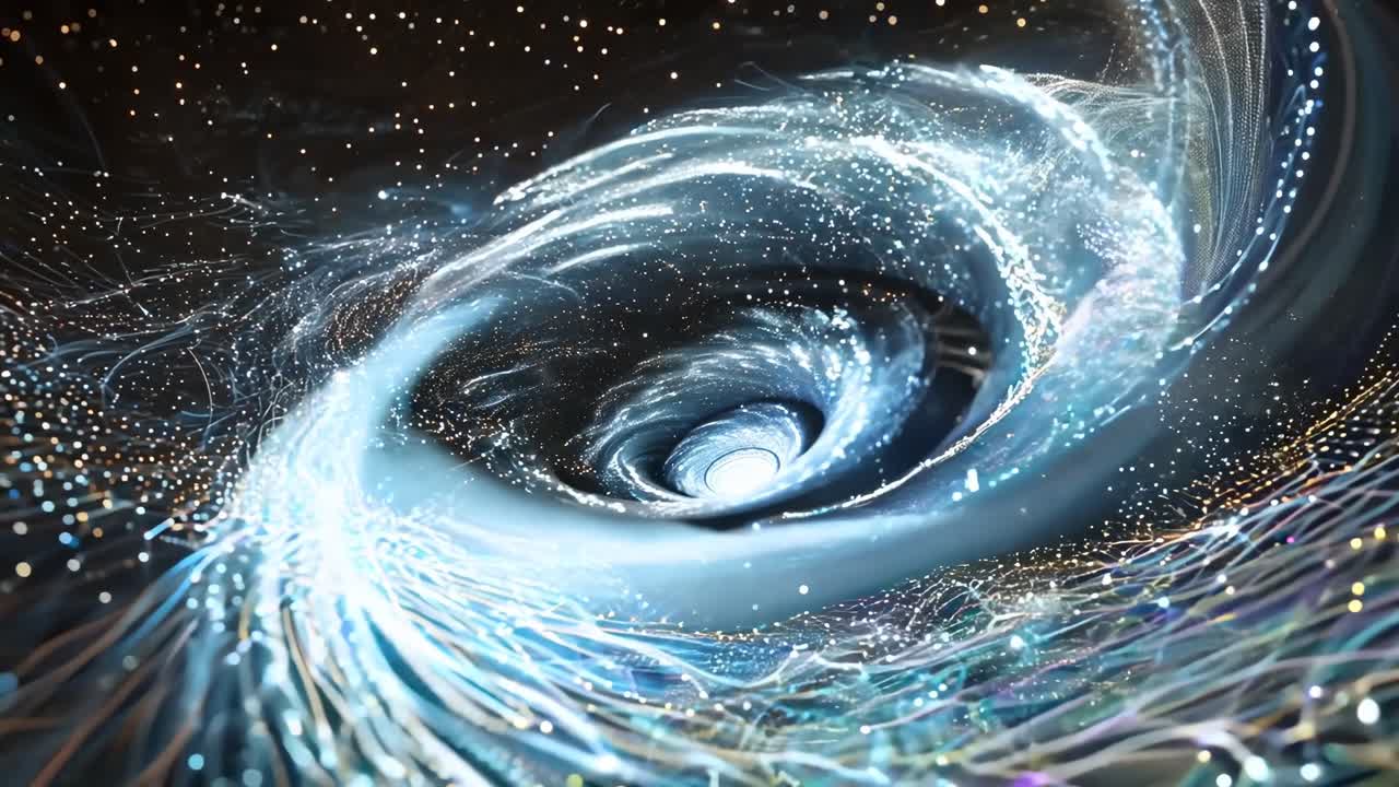 A cosmic whirlpool with glowing particles, captured from a top-down angle, evokes a sci-fi video