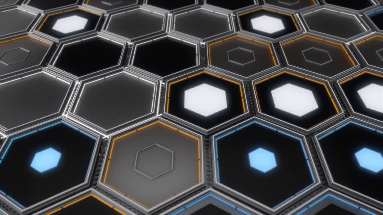 hexágonos abstractos de diferentes colores en filas, bucle sin costuras. animación. primer plano de figuras geométricas de metal plano con lámparas de luz coloridas en el interior.