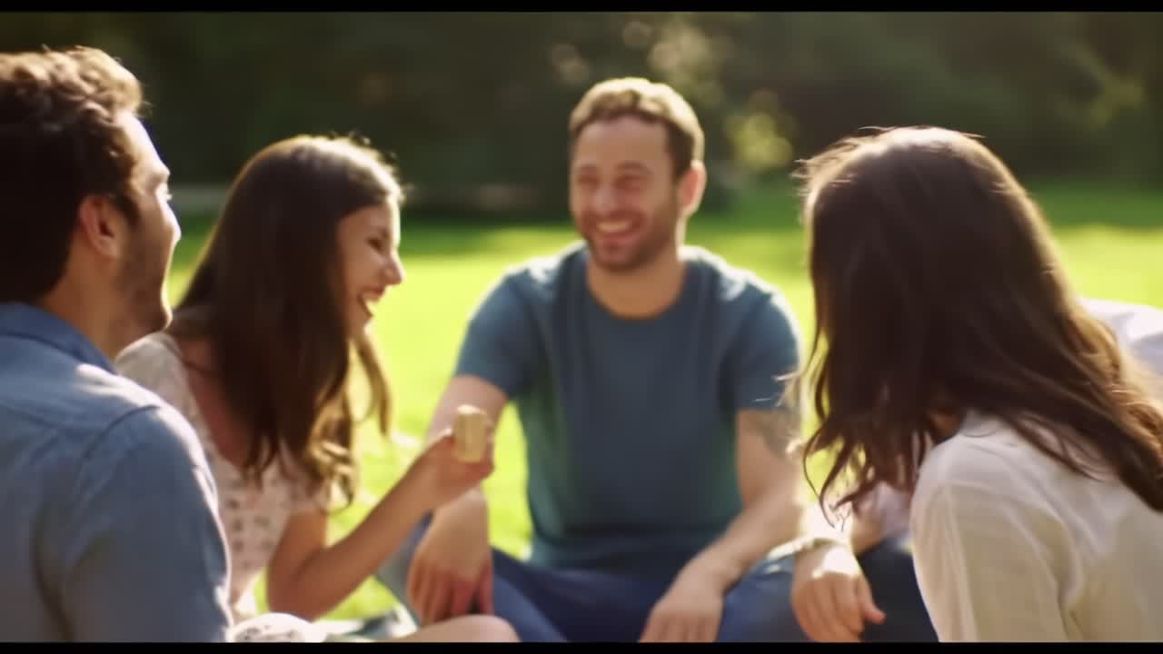 A Joyful Gathering: Friends Sharing Laughter and Connection in a Sunlit Outdoor Setting, Creating Memories Among Nature's Beauty