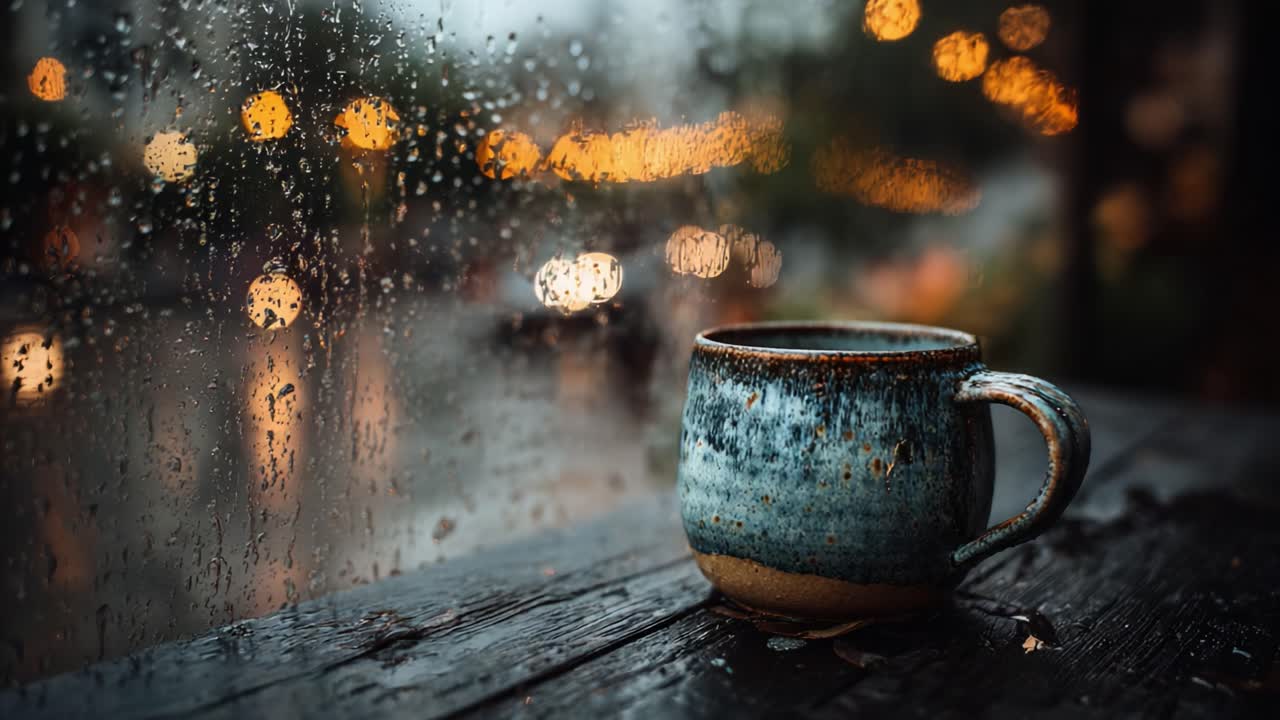 Un’accogliente scena con una tazza splendidamente realizzata accanto a una finestra piovosa, che cattura l'essenza della tranquillità e della riflessione nella cupa giornata.