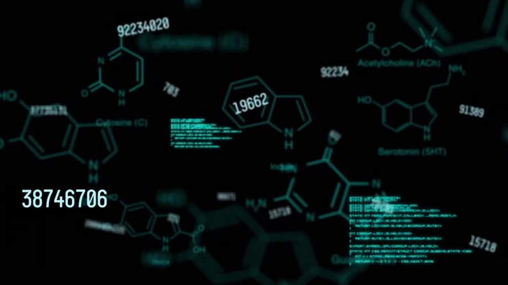 Animation of numbers and chemical icons on black background