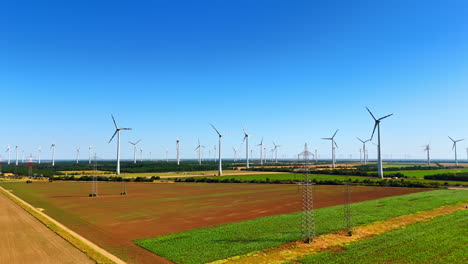 wind turbines in a green field. tall wind turbines tower over green fields, capturing renewable energy for a sustainable future
