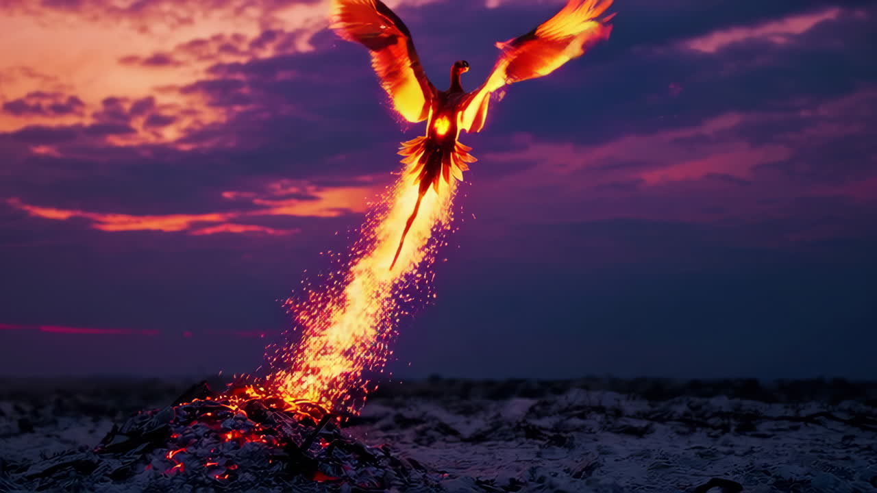 Phoenix Rising from Ashes at Sunset