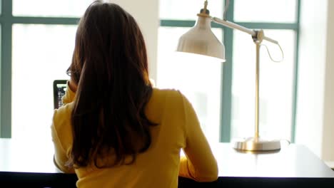 Rear-view-of-woman-using-laptop-in-living-room