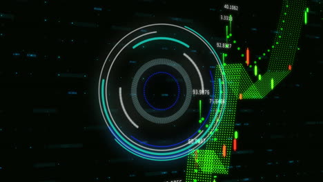 Animation-of-neon-round-scanner-spinning-over-financial-data-processing-against-black-background