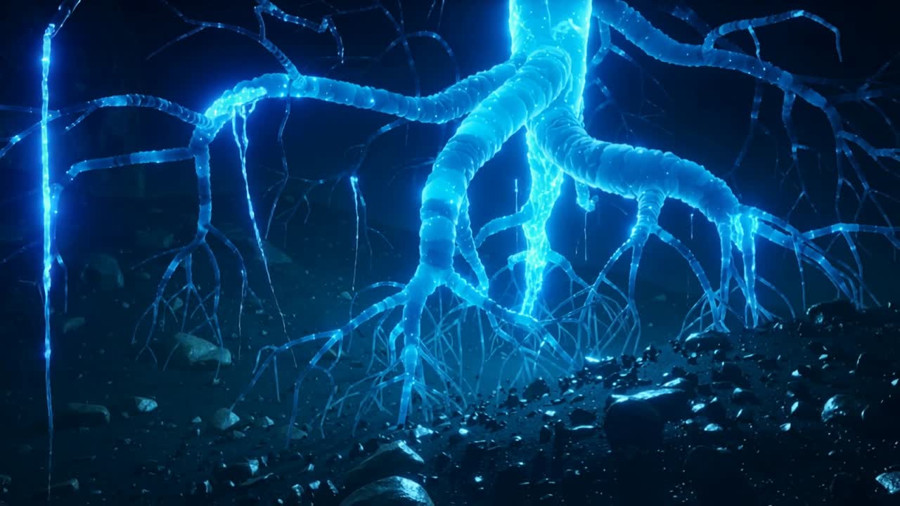Pulsing root glowing blue in dark cavern while camera pushing forward, revealing pebbles, motes