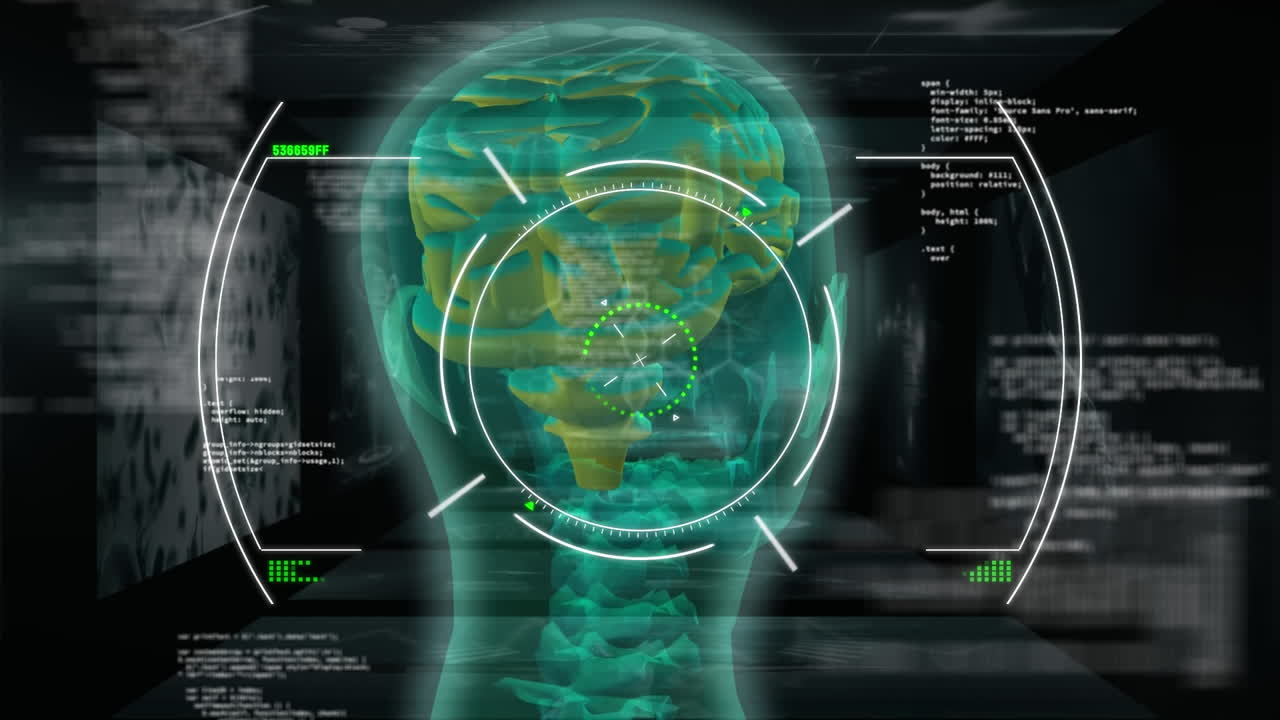 animación de la interfaz digital sobre el modelo de la cabeza humana