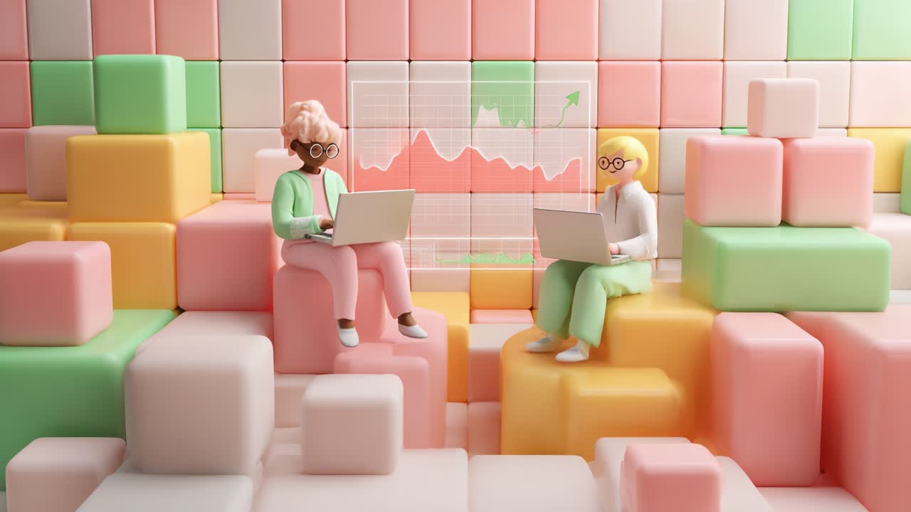 Two animated characters engaged in a collaborative data analysis ...