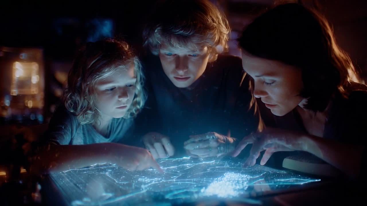 Três pessoas interagem com uma tela holográfica futurista à noite