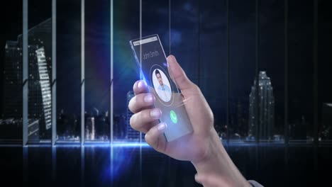 teléfono móvil futurista en la mano contra un fondo generado digitalmente
