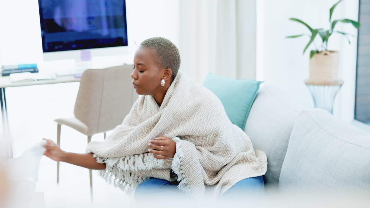 집의 소파에서 코를  ⁇ 고 차를 마시고 흑인 여성