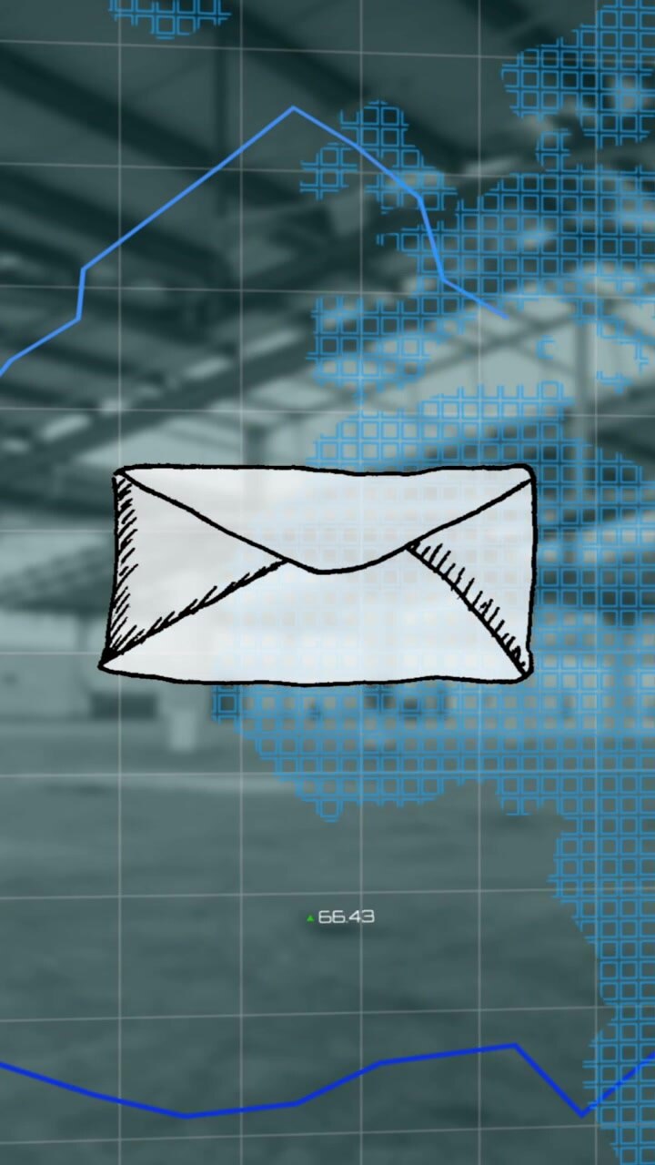 Animated Business Data and Email Icon in Industrial Warehouse