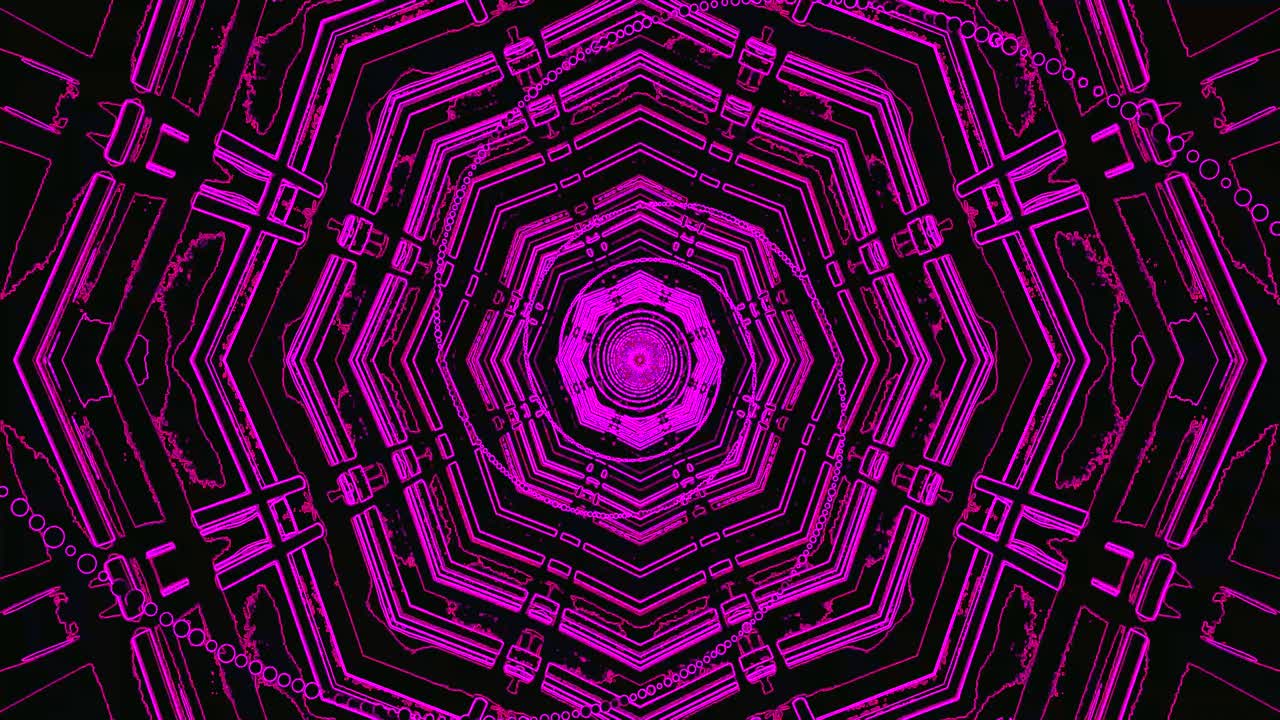 A mesmerizing tunnel video features intricate purple patterns that seamlessly loop, creating a dynamic visual display. Perfect for screensavers or ambient entertainment
