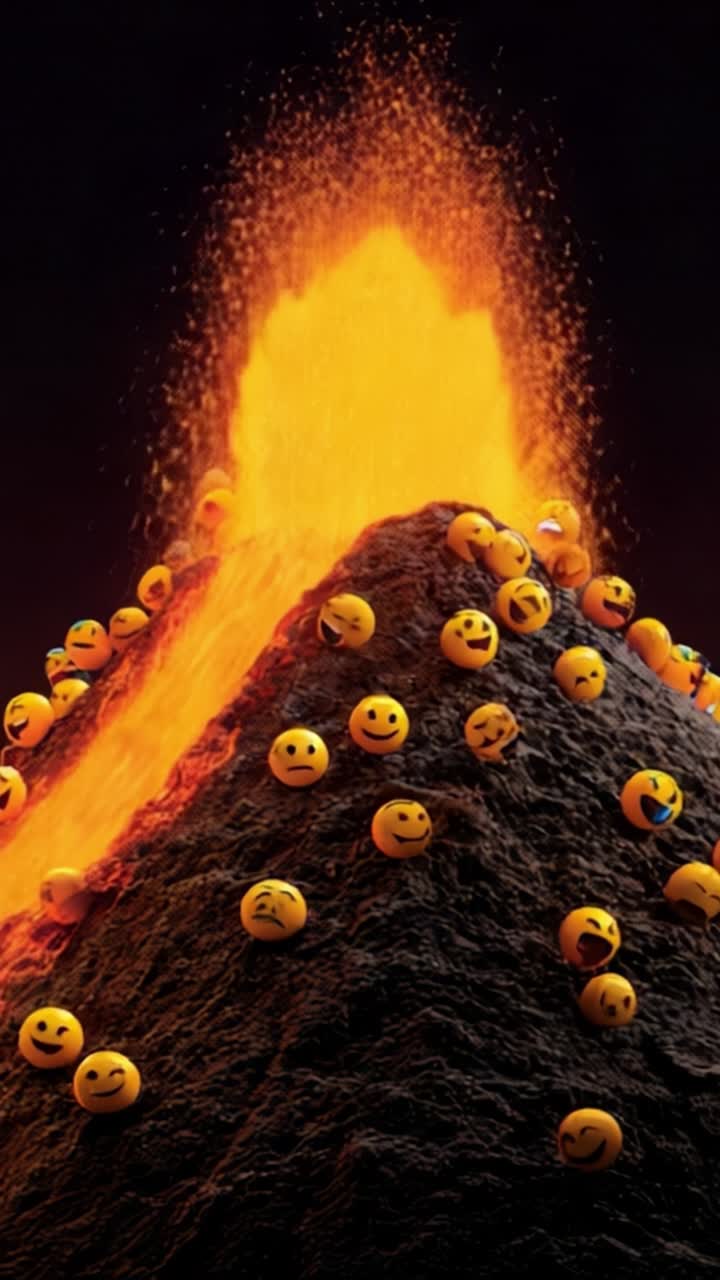 Živá erupce: Sopka chrlící lávu a veselé emoji koule, vytvářející jedinečný kontrast přírody a hravosti v barevné scéně.